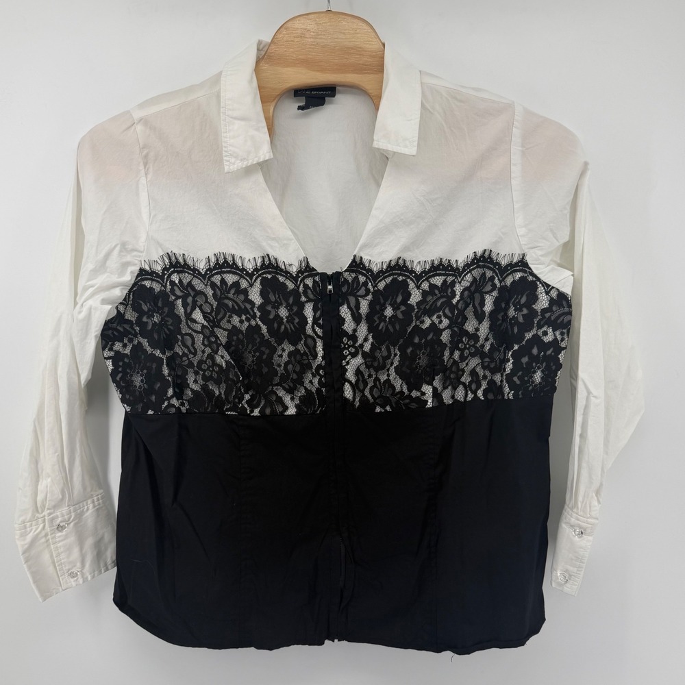 Lane Bryant Blouse Womens 22/24 Black White‎ Lace Zip Front Colorblock Stretch